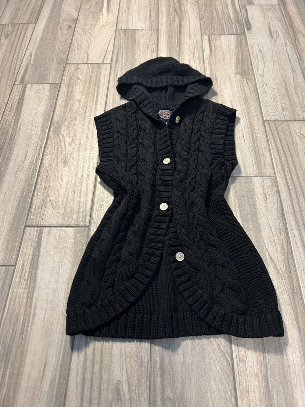 100% Cotton Black Cable Knit Hooded Sweater Vest Button Down Women’s Large 12-14